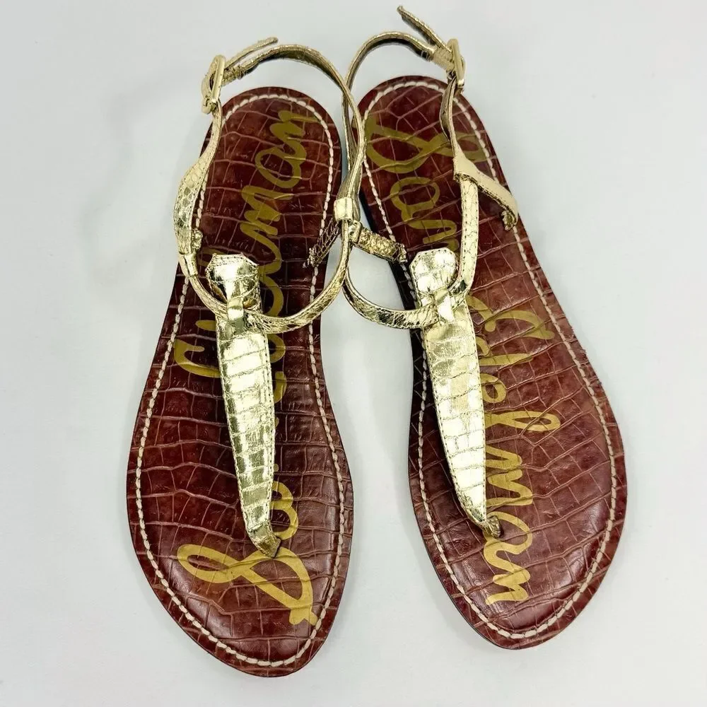 Sam Edelman GIGI Gold Metallic Reptile Embossed Leather T Strap Thong Sandals
